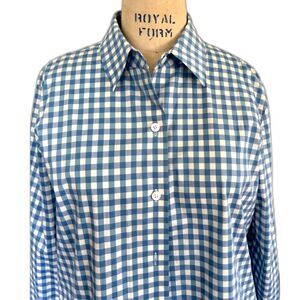 Ellen Tracy Aqua Blue and  White Gingham Button Down Shirt Size 14